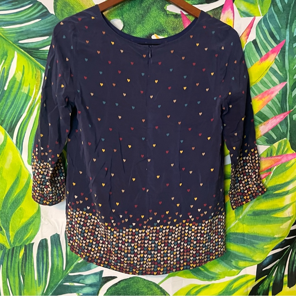 Boutique Bel Air M 100% Silk Blue Multicolor Heart Casual Dressy Maximalist Top - Picture 2 of 9